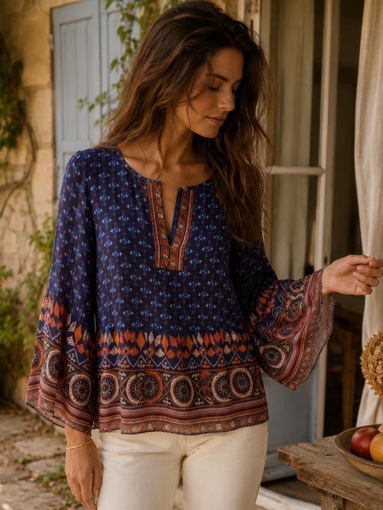 Joie Tops - Joie Silk Blouse Navy Multi Print Sheer Sleeve Relaxed Top Small